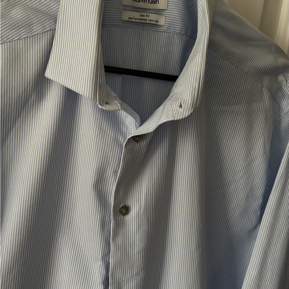 Calvin Klein Men's Blue Pinstripe Dress Shirt - Picture 2 of 3